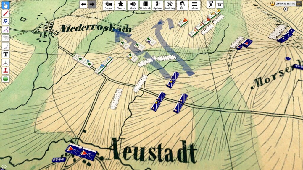 Artillery, infantry and cavalry pieces, gunsmoke and drawn orders on a map.