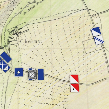 A historical map of the surroundings of Chesny with blue and red cavalry and infantry pieces on it.