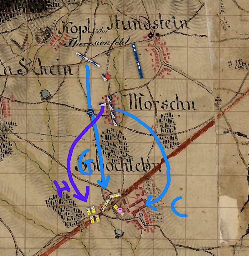 Bird's eye view screenshot of a historical map with game pieces, drawn player orders and assumed enemy positions.