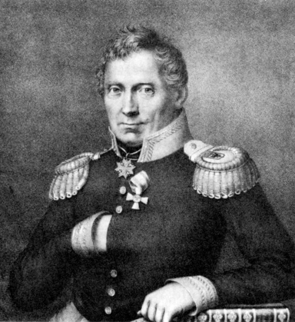 A portrait showing a man in a Prussian officer's unifrom with medals. He has one hand tucked under the jacket.