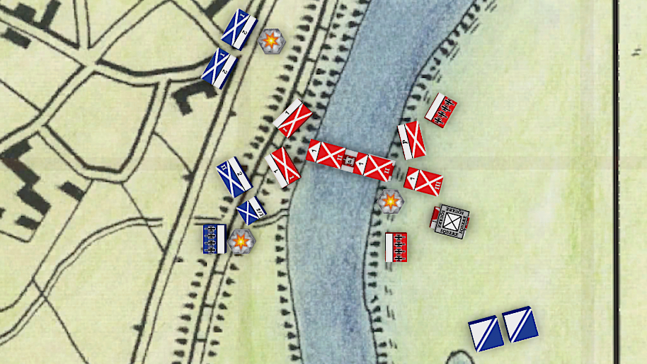 Kriegsspiel pieces on a map. Some battalions attempting to cross a bridge.