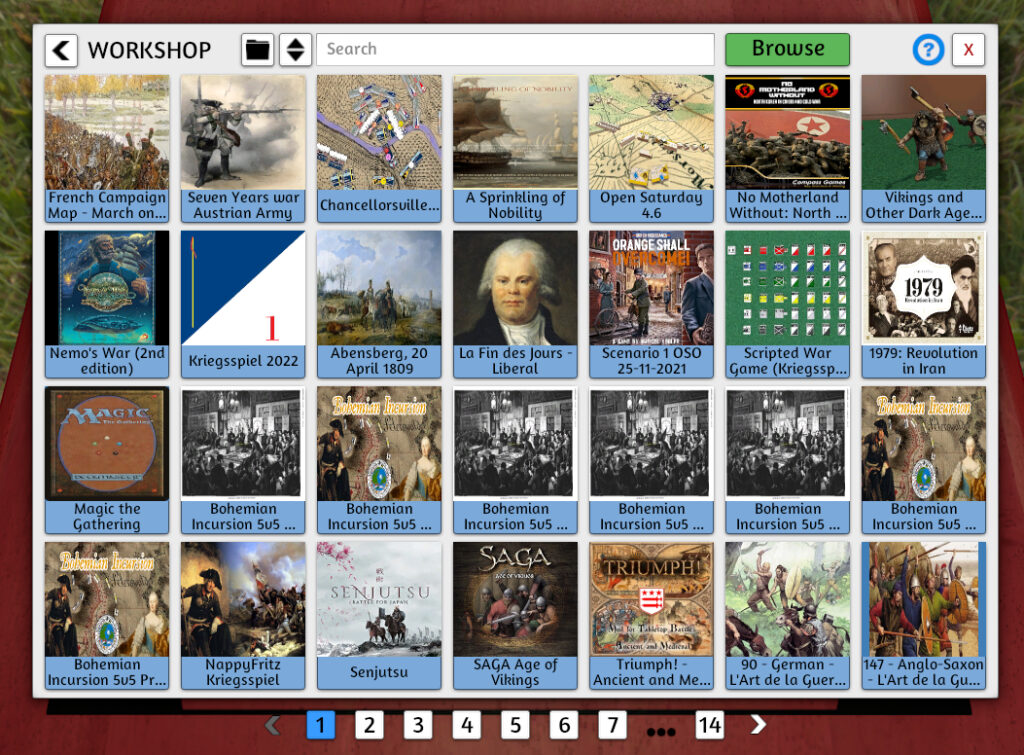 A screenshot of the overview of workshop modules in Tabletop Simulator.