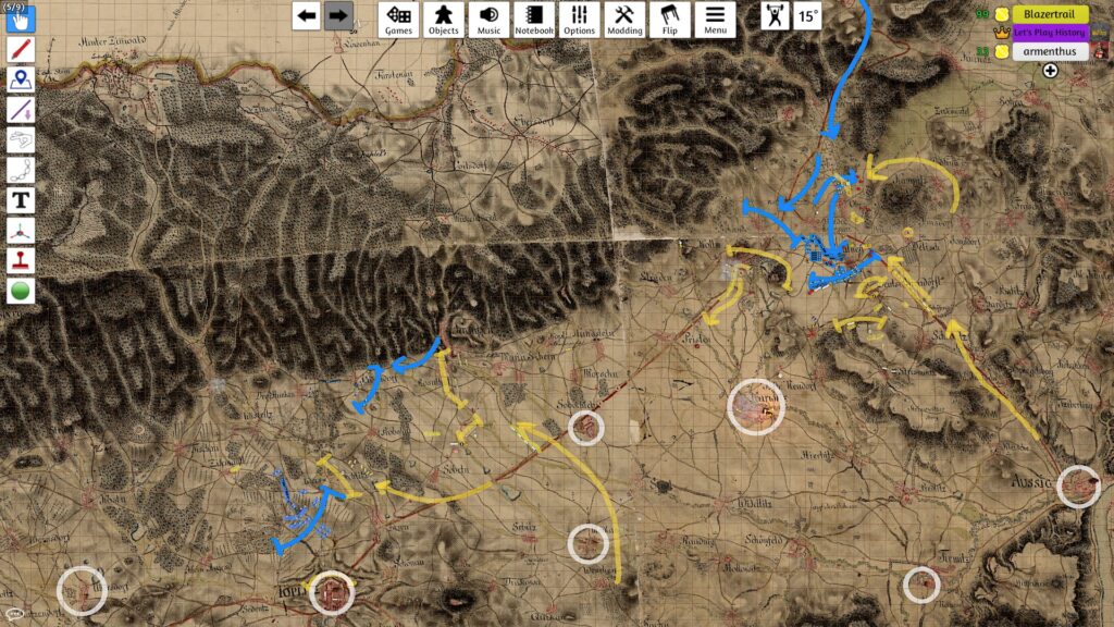 A screenshot from Tabletop Simulator showing a large historical map with a wide mountain range to the north. Units and unit movements are drawn on the map in different colors.