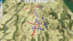 A screenshot from Tabletop Simulator with a 3D map, regimental pieces and batteries, some red and blue lines drawn on the map.