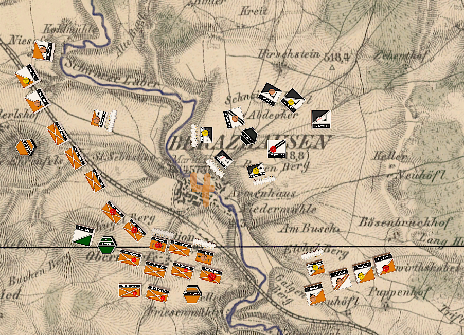 Screenshot taken from Tabletop Simulator showing a heavily outnumbered force defending a river crossing against enemy infantry, while cavalry is threatening their flank.