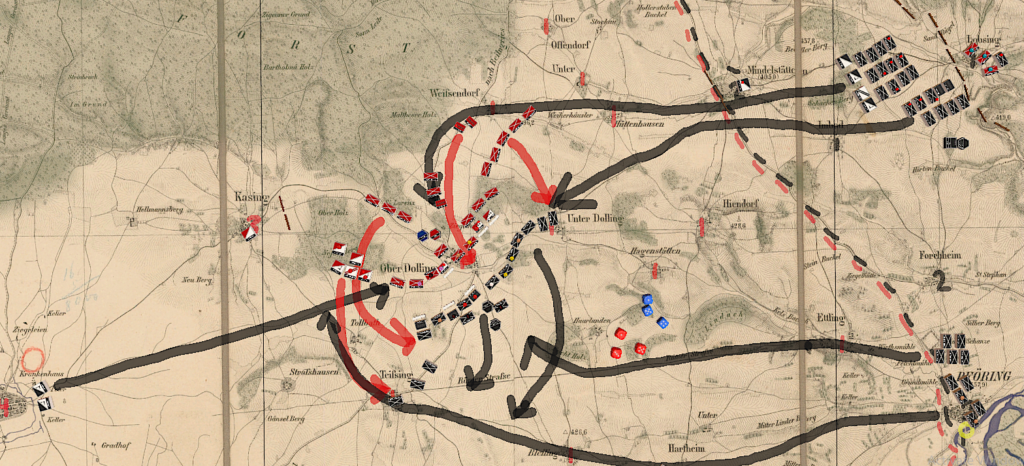 A screenshot taken from tabletop Simulator showing large formations on a historical map from the bird's eye view. Arrows drawn on the map indicate planned flanking maneuvers.