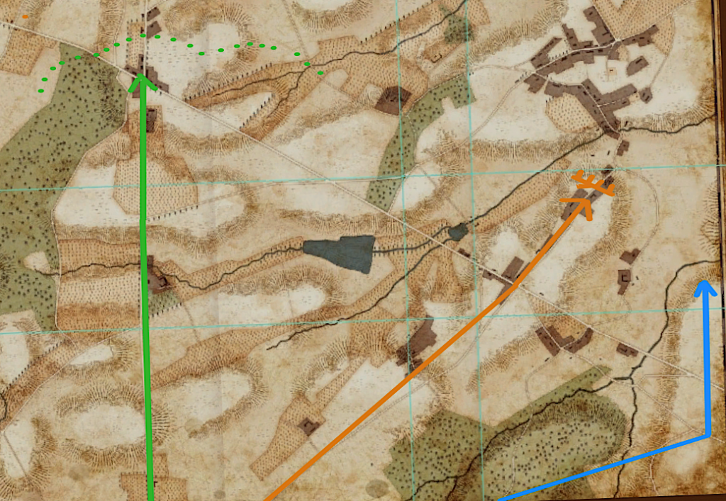 Screenshot from tabletop Simulator showing a historic map of the area around Quatre-Bras, drawn arrows indicate planned marching routes.