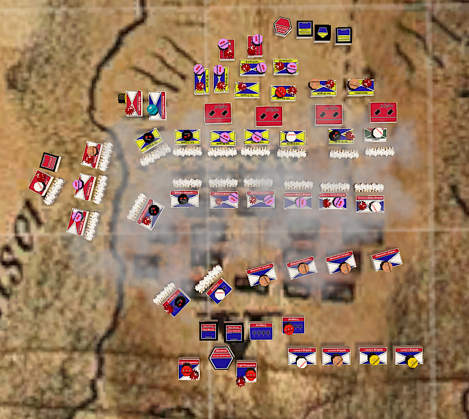 Screenshot from Tabletop Simulator showing two engaged combat lines of infantry and artillery on a historical map.