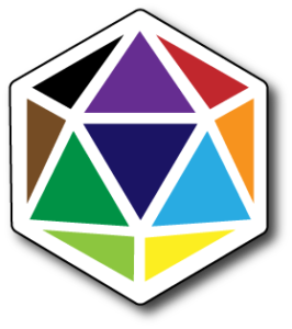 Logo of the Derby House Principles. A 20-sided die with white edges, the faces of the die are in plentyful colors, resembling the pride flag.