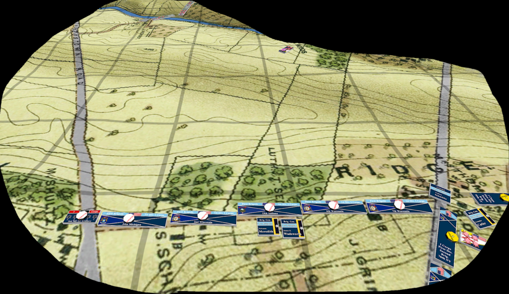 A screenshot taken from Tabletop Simulator showing a brigade of unit pieces and terrain on a tactical Gettysburg map.