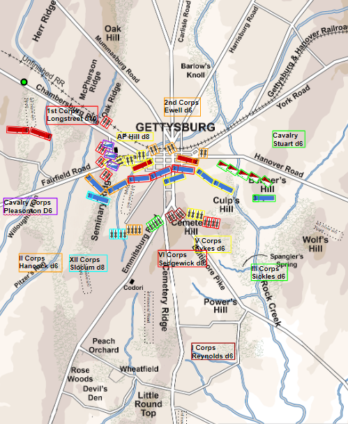 A map of Gettysburg and its surroundings whith colored unit pieces placed as overlay in a graphic editing software.