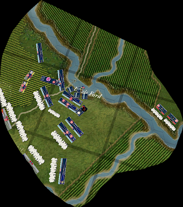Player screenshot from a Bull Run game. A river, creeks, fields and roads are visible, Union formations fight Confederates at the bridgehead.