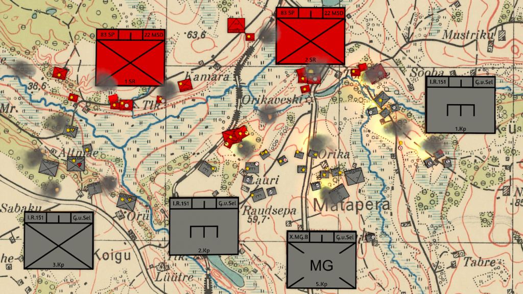 A topographical map with red and grey company and squad blocks, smoke and disruption markers.