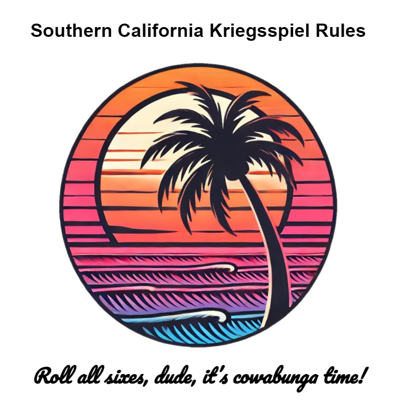 A palm tree in front of waves hitting the beach as a stylized logo. The caption reads: Southern California Kriegsspiel Rules – Roll all sixes, dude, it's cowabunga time!